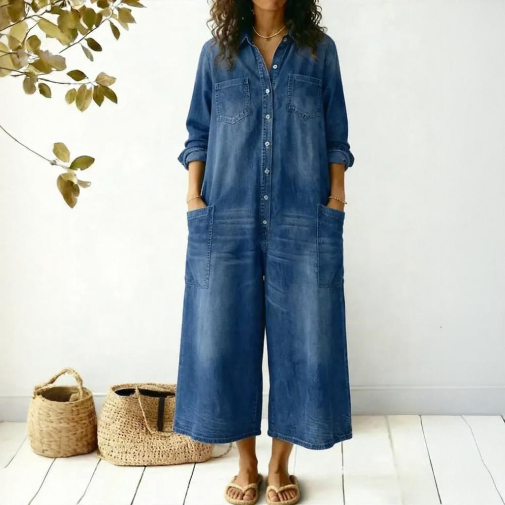 Women'S Fashion Overalls - Women's Oversized Denim Jumpsuit Long Sleeve