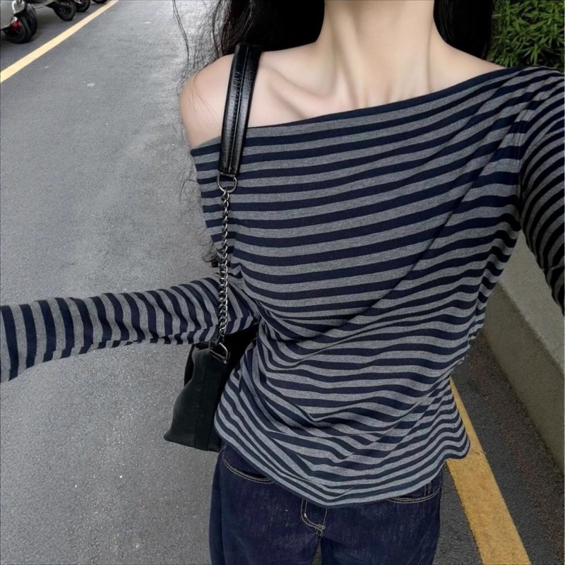 Women Vintage Striped Off Shou - Off Shoulder Top ulasan dan harga