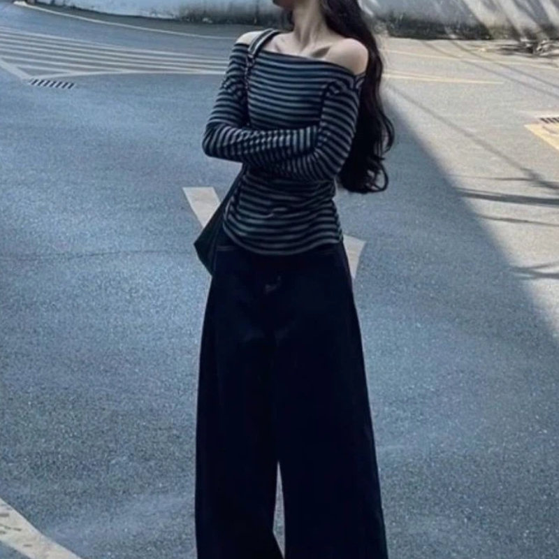 Women Vintage Striped Off Shou - Off Shoulder Top ulasan dan harga