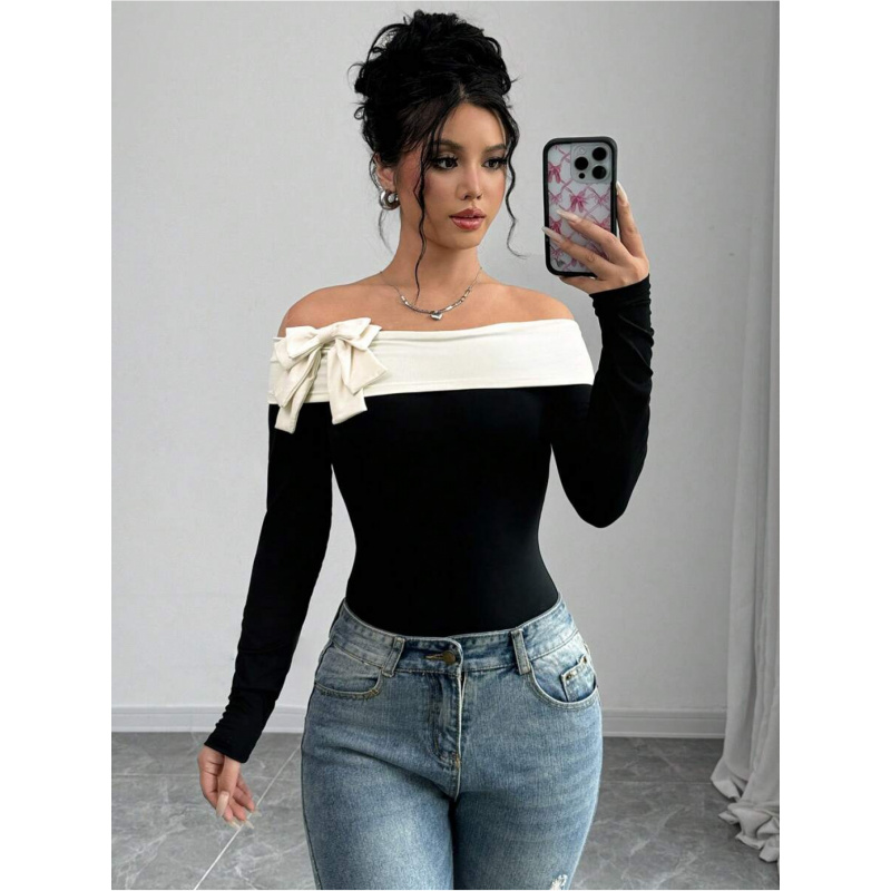 Bowknot Decor Off Shoulder Bod - Women Fashion Style ulasan dan harga
